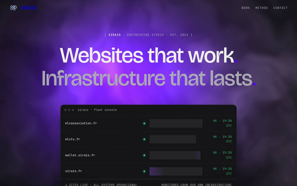 The SIRAIS website homepage with its violet ink shader